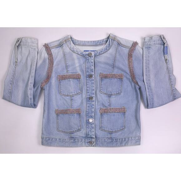 7 For All Mankind Light Wash Blue Denim Jacket Pink Fringe Detail Women’s Size S - Picture 3 of 12